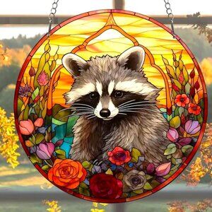 Racoon Suncatcher Hanging Window Wall Animal Flowers Cute Colorful In/Outdoor